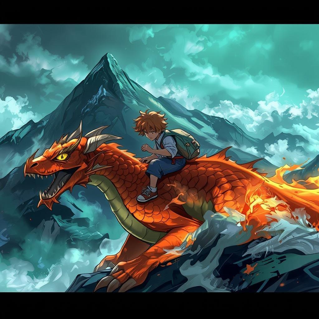 A young adventurer rides the back of an alluring dragon amidst a mystical mountain landscape. This captivating scene embodies the spirit of fantasy and exploration.