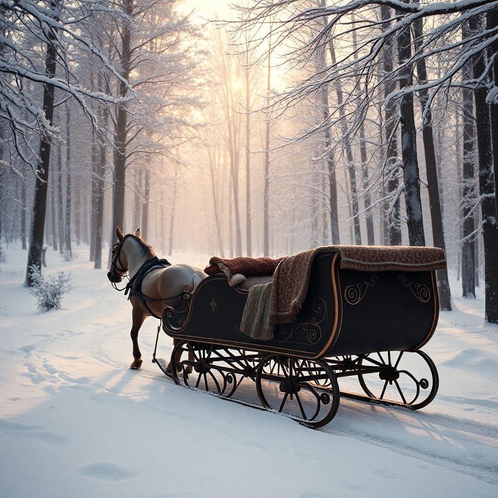 Njut av en mysig tur genom vinterlandet i denna hästdrivna vagn. En festlig vinterscen med snötäckta träd och en vacker solnedgång som lyser igenom.