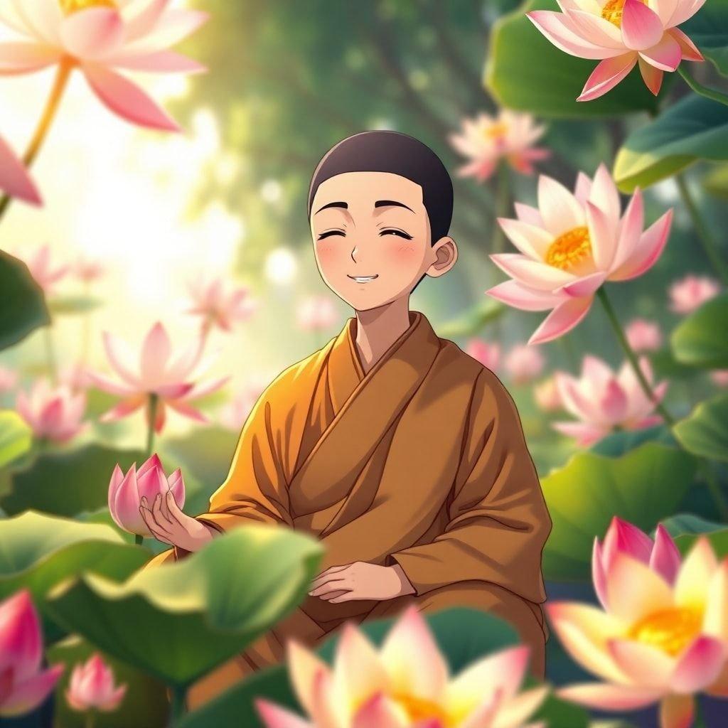 Une belle illustration de style anime d'un jeune moine dans un jardin paisible de fleurs de lotus, parfaite pour les fonds d'écran de bureau et mobile.