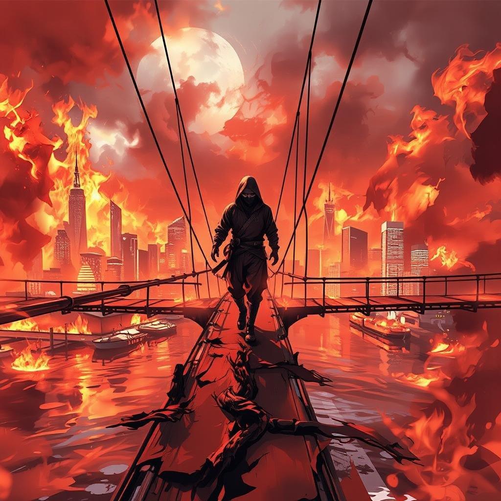 A lone ninja walks along a narrow bridge amidst a city engulfed in flames, with a kaleidoscope of orange and yellow hues and a large body of water below.