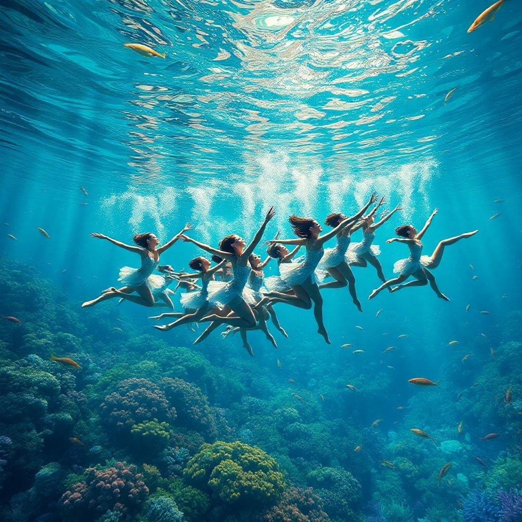 A group of women dressed in aquatic costumes are captured mid-dive, synchronizing their movements with the graceful elegance of swimming mermaids against a vibrant underwater backdrop. The depth and beauty of the ocean inspire this stunning visual tableau.