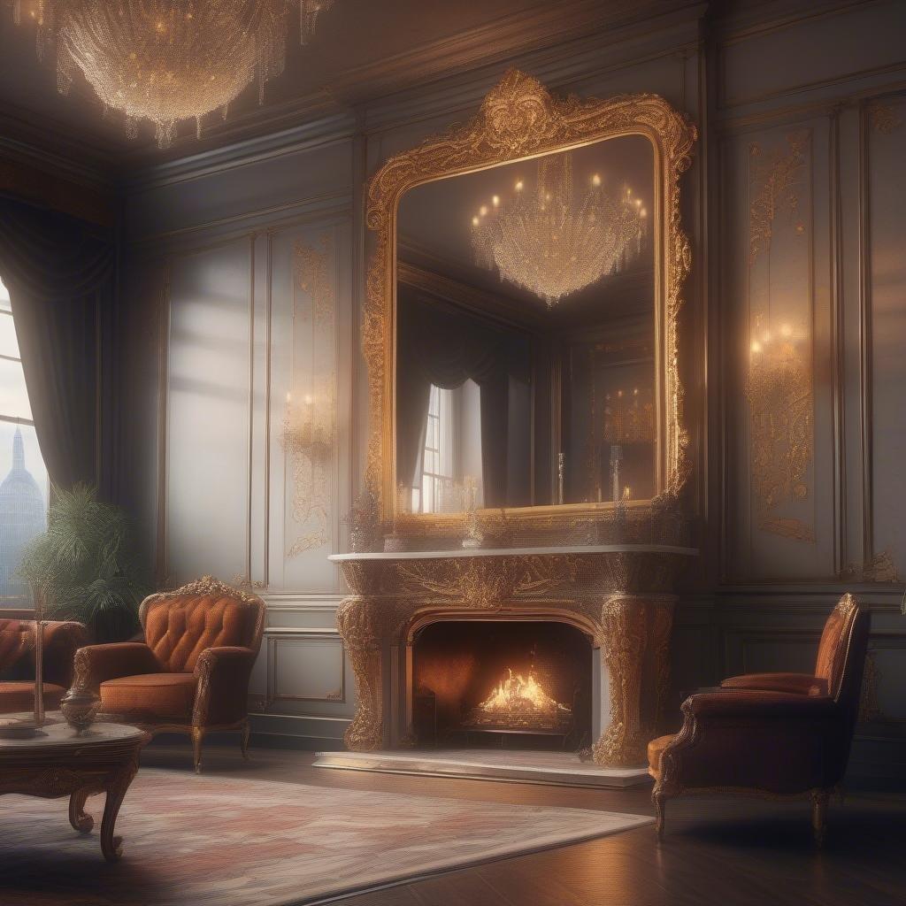 Profitez de l'opulence de ce grand salon, avec un miroir encadré d'or, un lustre, des sièges moelleux et une cheminée pour créer une atmosphère de chaleur et de sophistication.