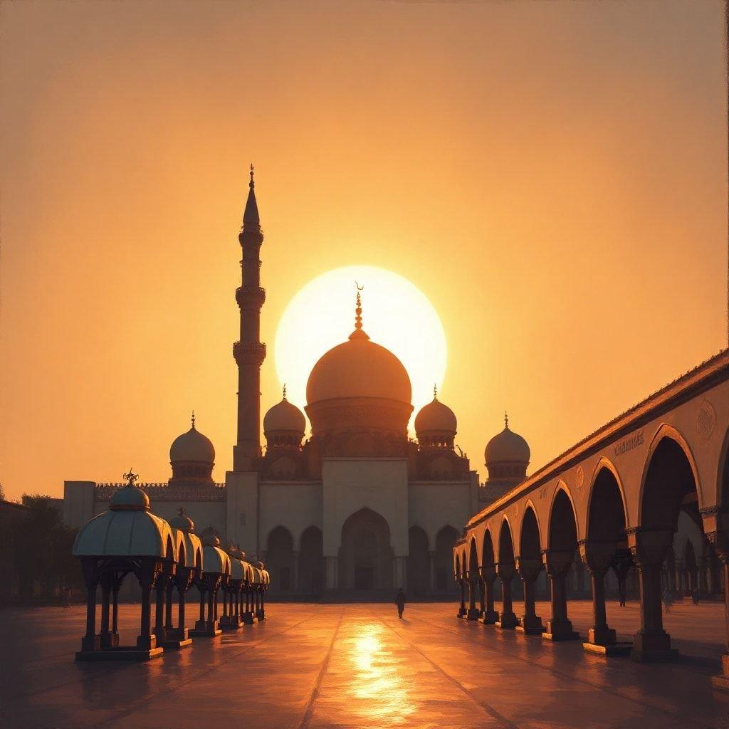 Celebrate the holy month of Ramadan with this beautiful wallpaper. The image features a mosque with a large dome and minarets, set against a backdrop of a sunset. The sky is painted with hues of orange and pink, creating a serene and peaceful atmosphere. This wallpaper is perfect for anyone looking to add a touch of spirituality and elegance to their device.