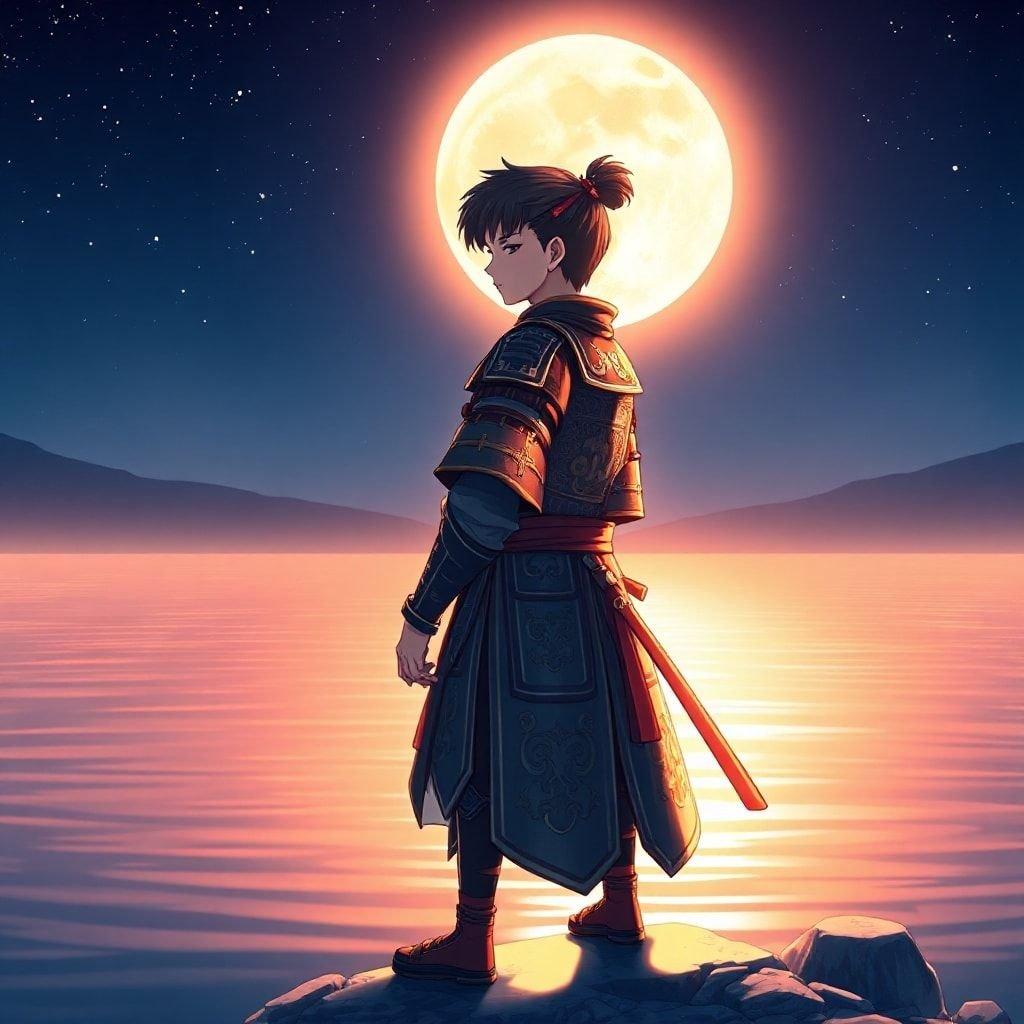 This captivating anime illustration features a young samurai standing on the edge of a serene lake, gazing into the distance with its head turned to the right and eyes closed, exuding an anime-like expression. The moonlit lake creates a bright, glowing effect, casting a warm glow on the scene, while the background fades into a deep blue sky, adding depth to the scene.