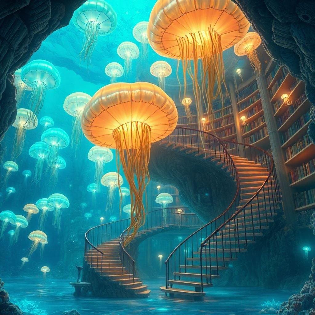 This wallpaper transports you to an enchanting underwater realm, where a majestic jellyfish library takes center stage. The spiral staircase invites exploration, while the blue and green hues, complemented by warm jellyfish lanterns, evoke an Anime-like ambiance.