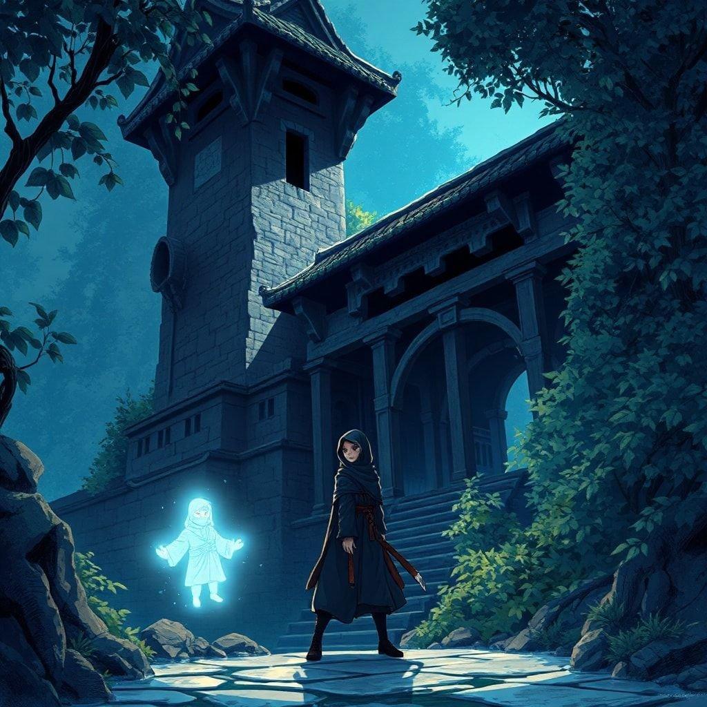 Immergiti nel sereno mondo dell'anime con questo affascinante sfondo che presenta un ninja solitario, un antico castello e un misterioso ninja luminoso. Le tonalità blu e verdi creano un'atmosfera tranquilla, concentrandosi sull'espressione enigmatica del ninja.