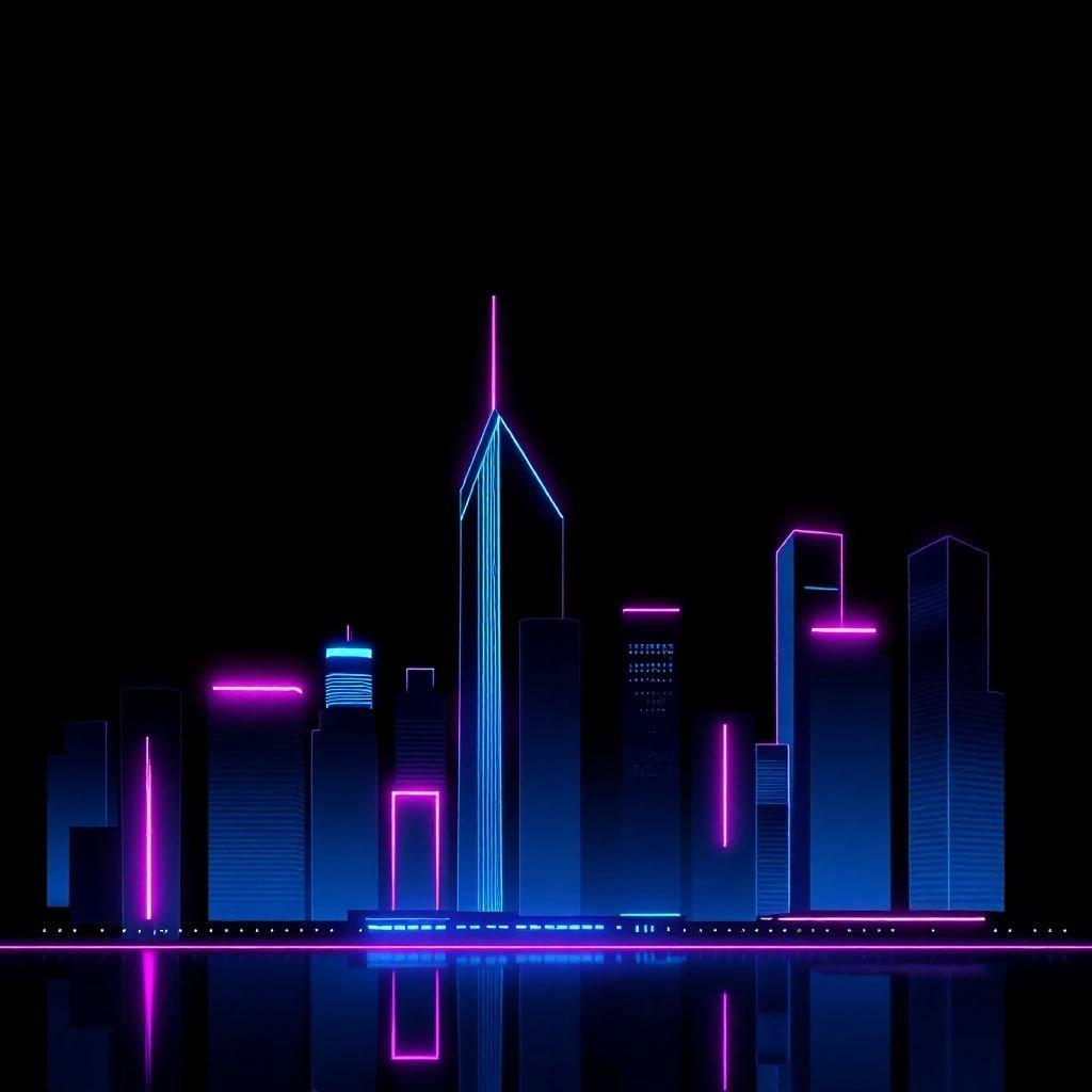 Glowing skyscrapers against the night sky, with neon lights creating an atmospheric urban scene.