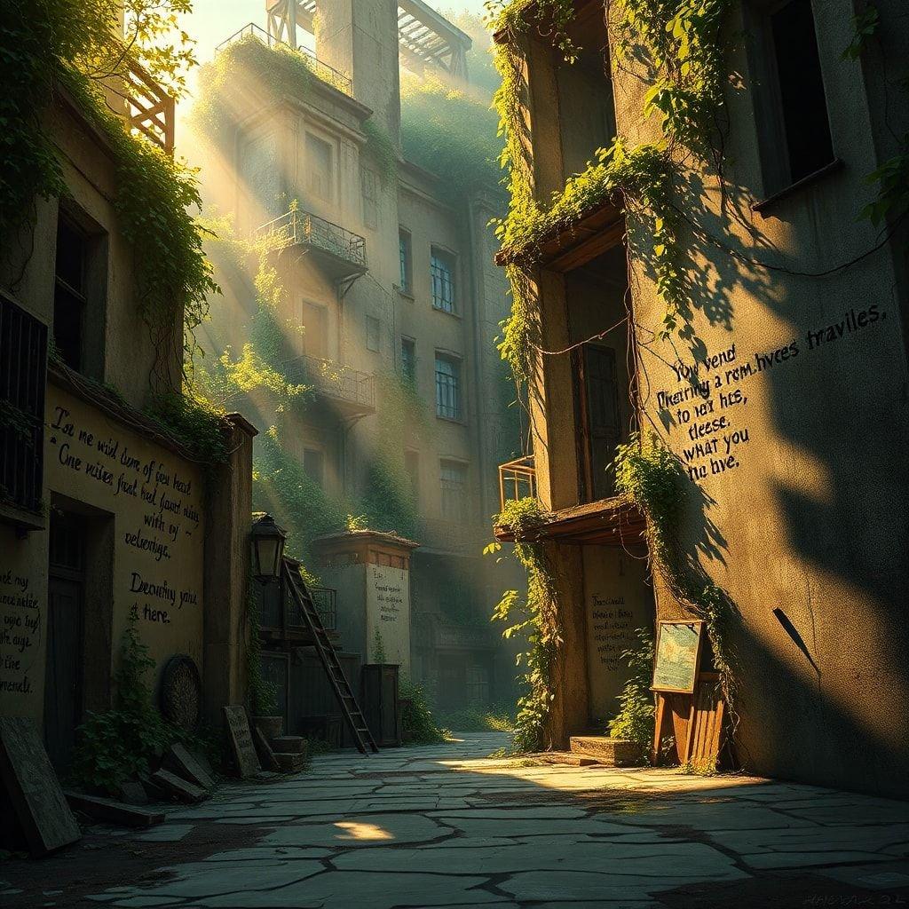 A serene passageway in an old town, with buildings adorned with vines and quotes.