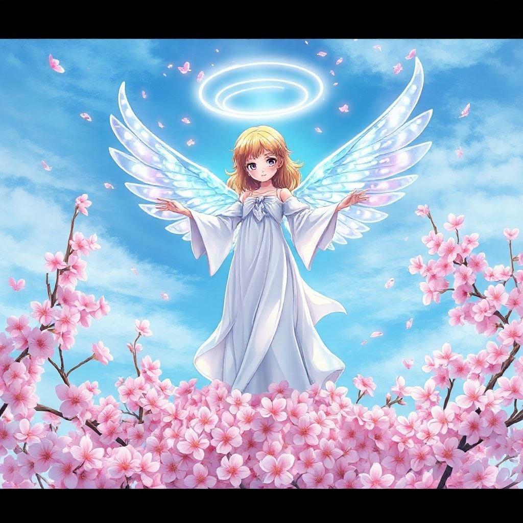 Un'illustrazione anime serena di un angelo circondato da fiori di ciliegio, creando un'atmosfera magica.