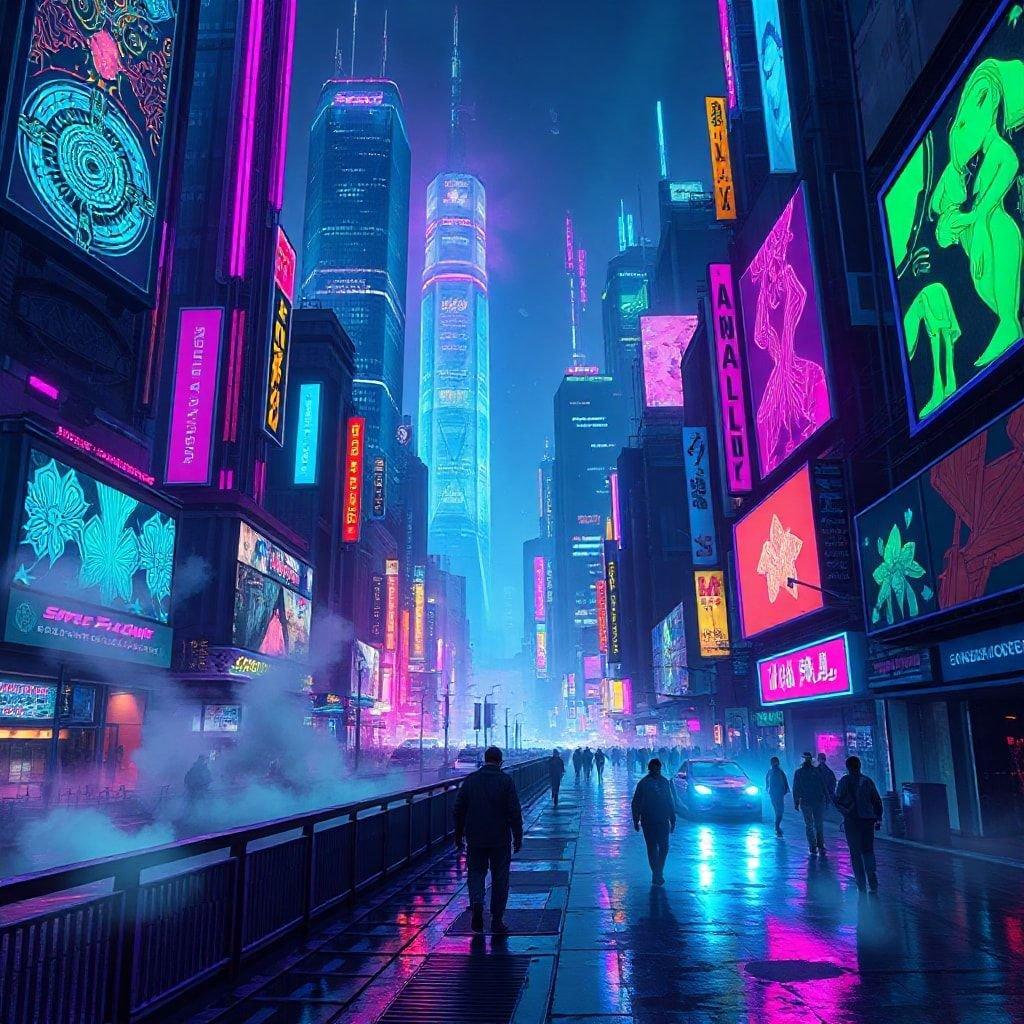 Get ready to immerse yourself in a futuristic world with this stunning cyberpunk cityscape wallpaper. Perfect for desktop and mobile, this image is sure to transport you to a world of cutting-edge technology and sleek design.