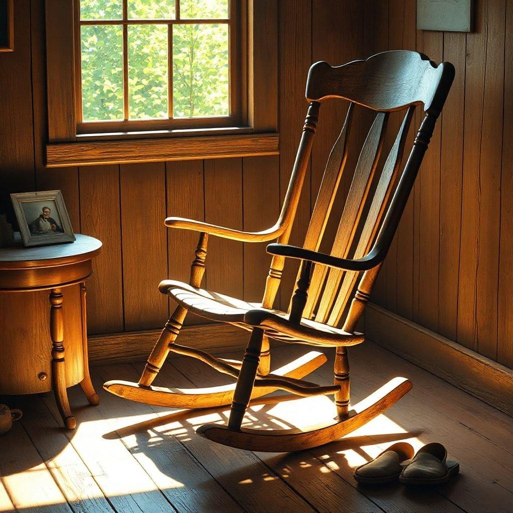 A peaceful scene of an old-fashioned rocking chair waiting in a cabin for Dad to return, perfect for a relaxing Father's Day desktop wallpaper.