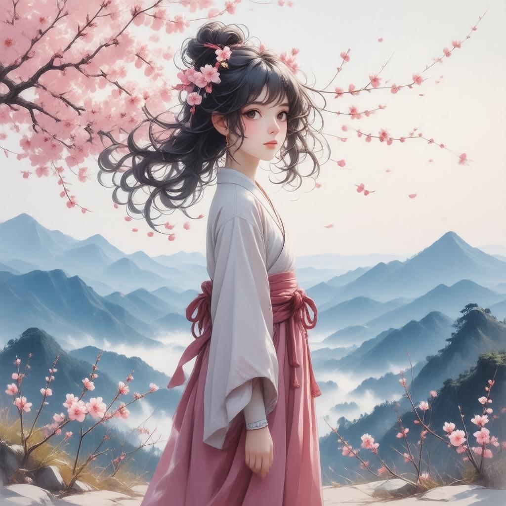 A calming anime scene featuring a young woman in traditional clothing standing amidst cherry blossoms, with majestic mountains forming the backdrop. The artwork evokes a sense of peace and contemplation.