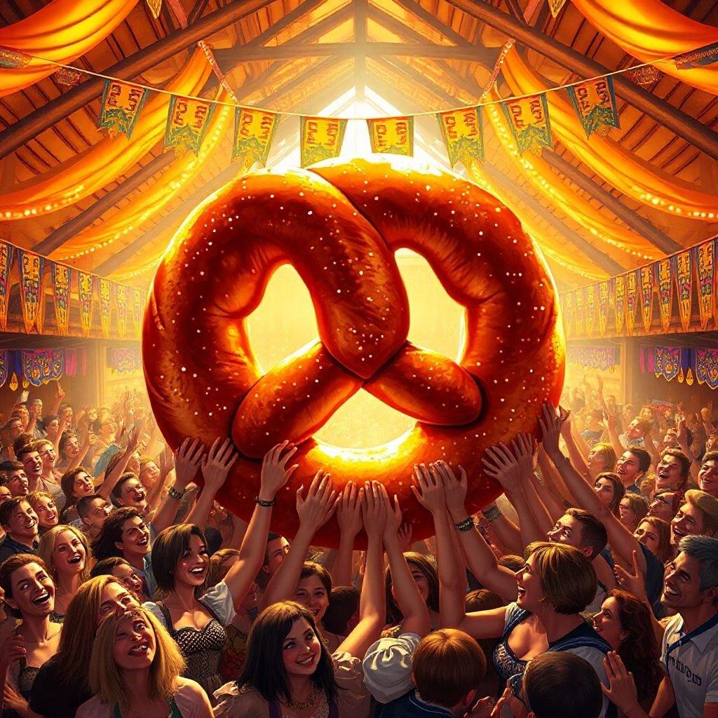 Una escena animada del Oktoberfest donde la gente se reúne alrededor de un gran pretzel, abrazando el espíritu alegre del festival.