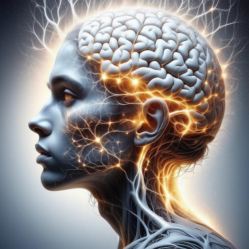 A digital illustration featuring a human head with intricate circuit-like connections representing advanced technology merging with the brain.