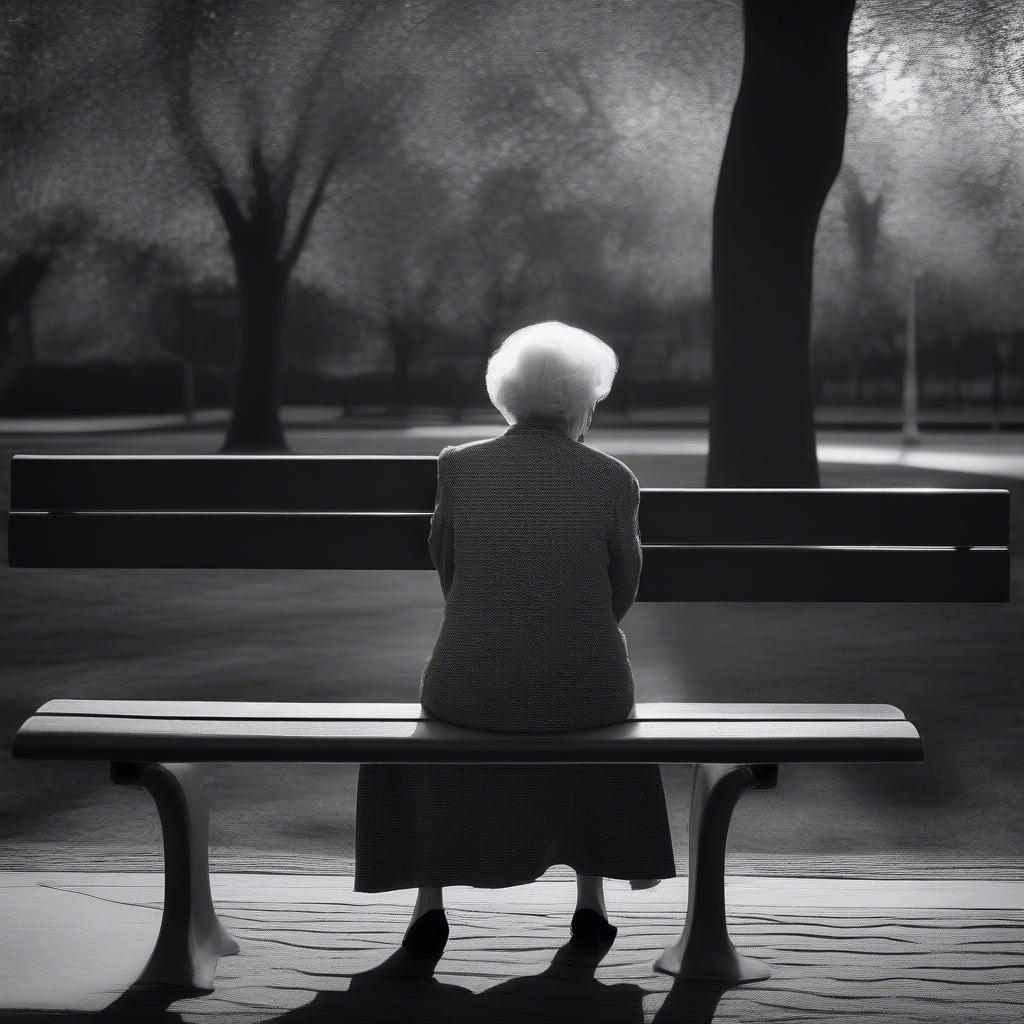 Una persona mayor tomando un momento tranquilo para descansar en un banco, con el fondo de un parque.