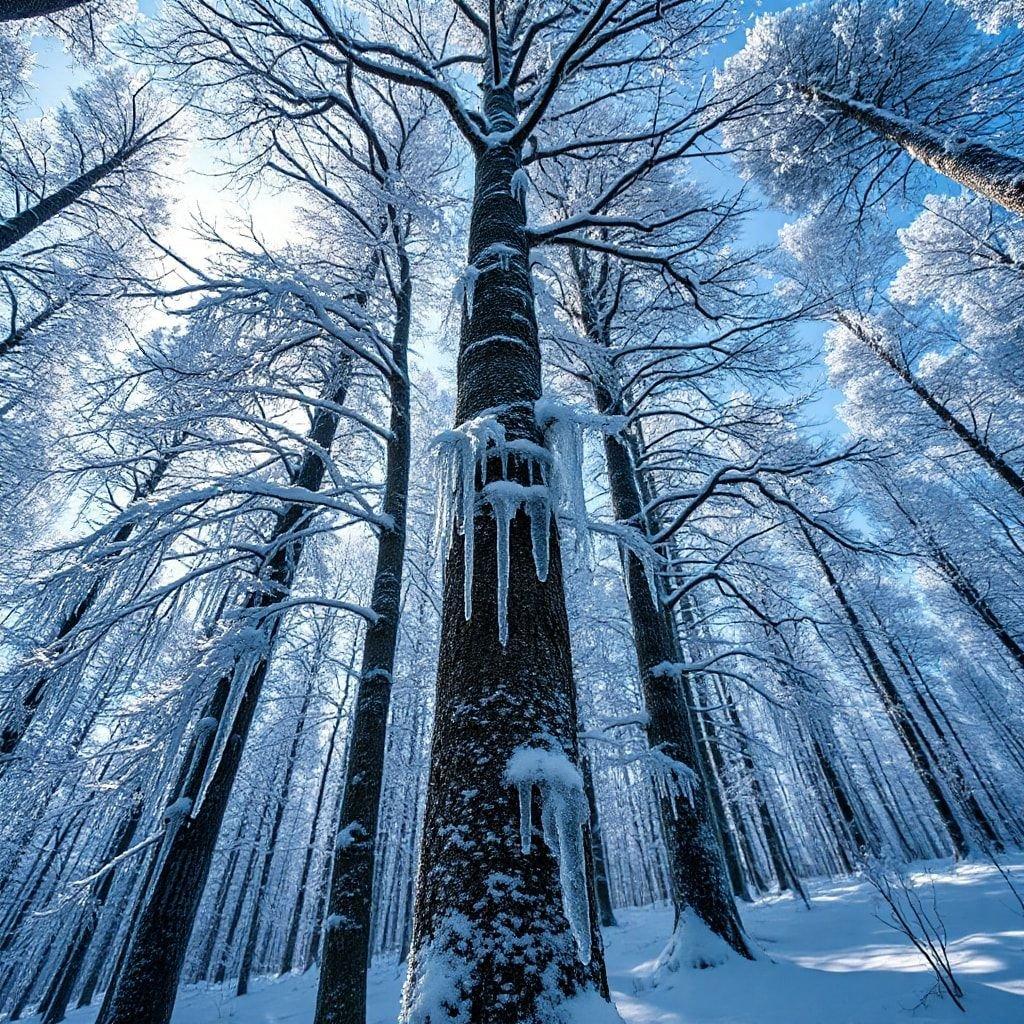 A serene winter scene with tall snow-laden trees standing against the sky, exuding an atmosphere of tranquility. A beautiful water and ice image perfect for your desktop or mobile wallpaper.