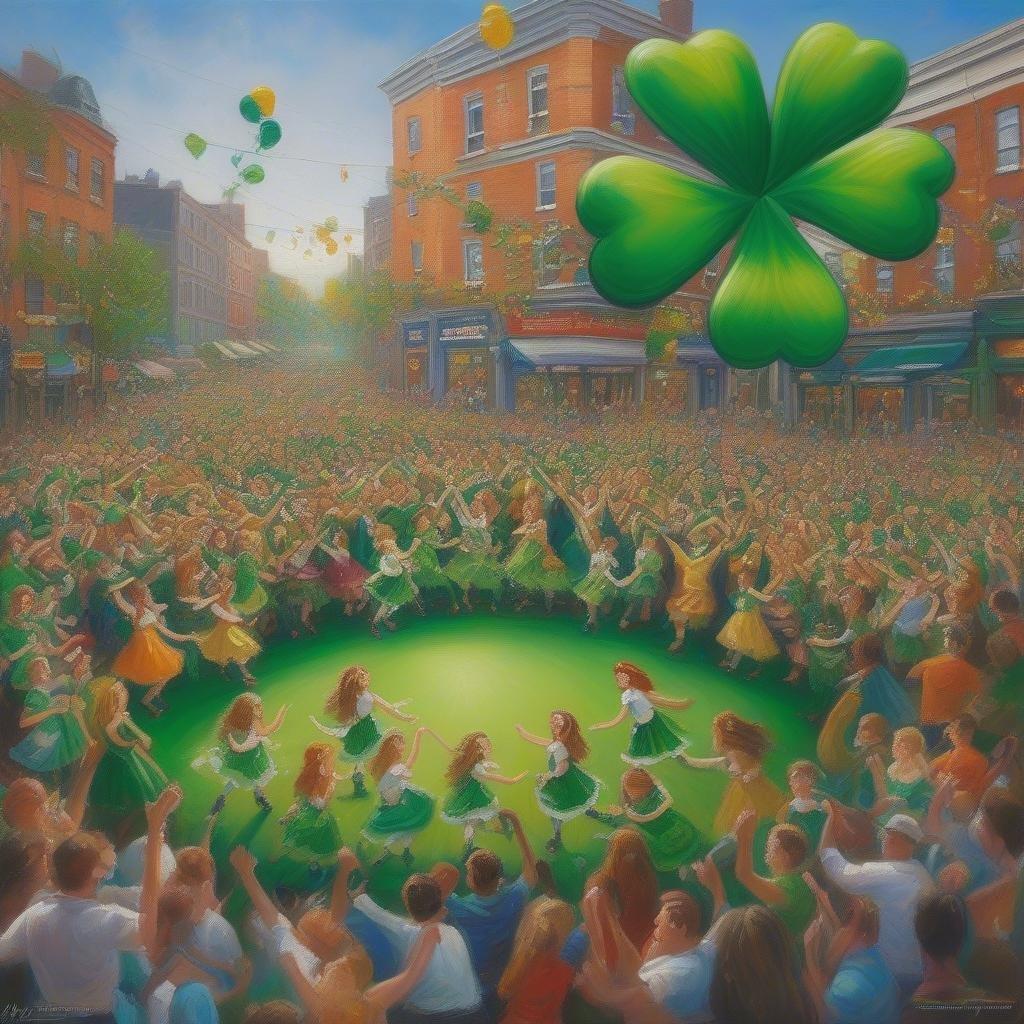 A bustling city street celebrating St. Patrick's Day with dancers, parades and cheerful crowds.