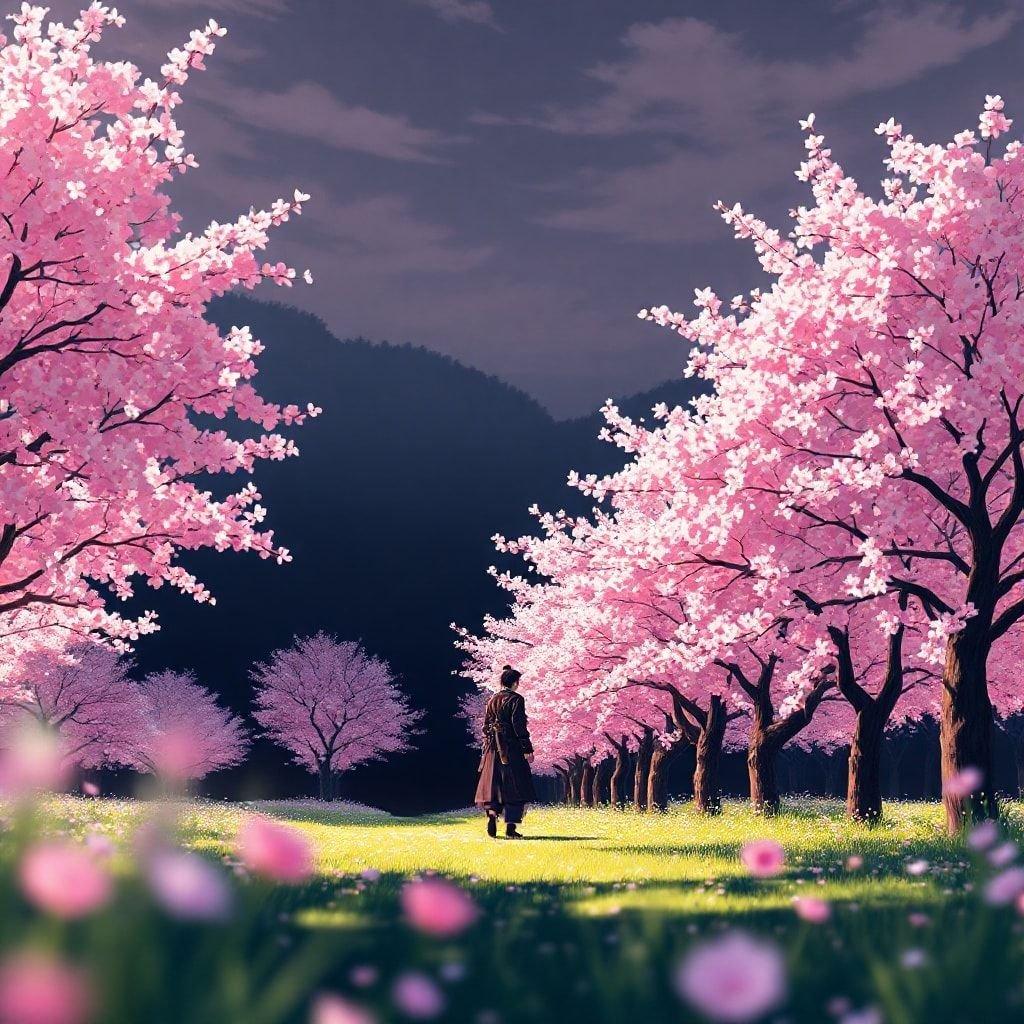 This stunning anime-style wallpaper features a serene scene of a samurai walking through a garden of blooming cherry blossom trees, with vibrant pink and white flowers contrasting the dark background. The peaceful scene captures a moment of tranquility, with a blurred foreground and a bright sky adding depth.