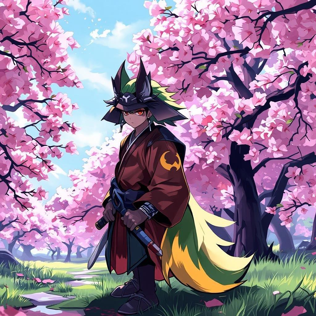 En rolig anime-stil illustration, der viser en samurai stående blandt de lyserøde blomster fra kirsebærtræerne, der legemliggør ro og naturens skønhed.