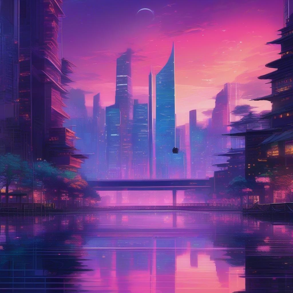 Dyk ner i den livfulla världen av anime med denna fantastiska stadslandskap bakgrund, som visar en futuristisk skyline, en lugn sjö och fantasifulla inslag.