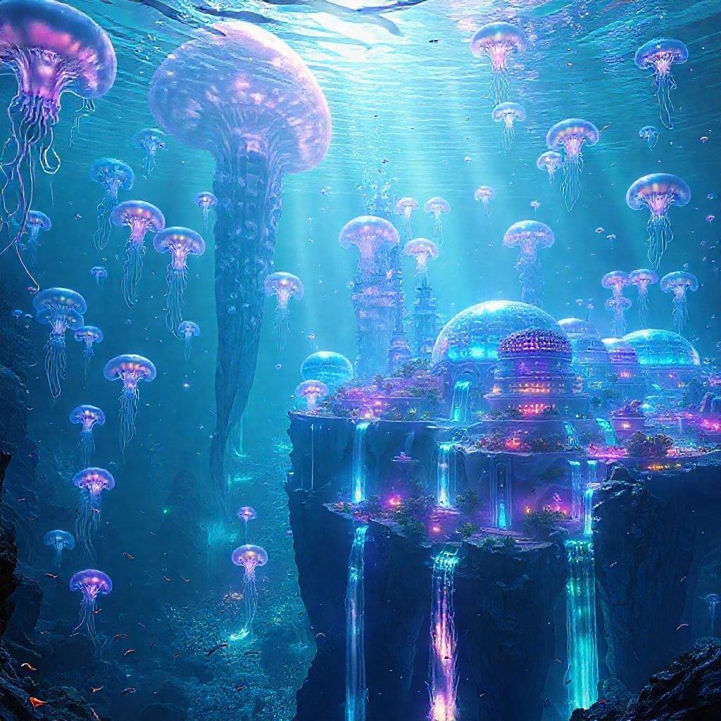 A futuristic and fantastical city submerged in the ocean depths, teeming with life, including jellyfish that add a vibrant touch to the scene.