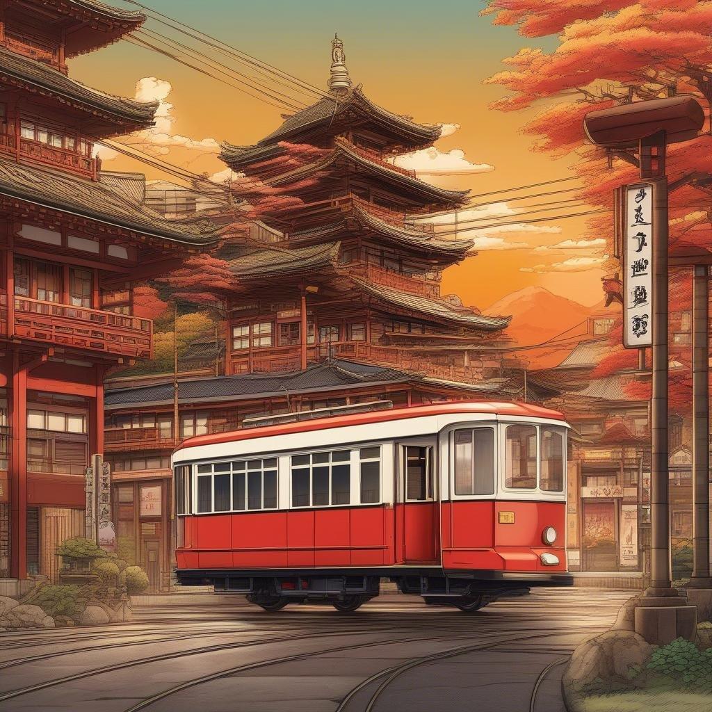 Découvrez le monde vibrant de l'anime avec cette magnifique scène de tramway, se déroulant contre un chaleureux coucher de soleil doré. La charmante ville japonaise prend vie avec des sculptures complexes et des rickshaws, faisant de ce papier peint un parfait mélange de culture et de beauté.