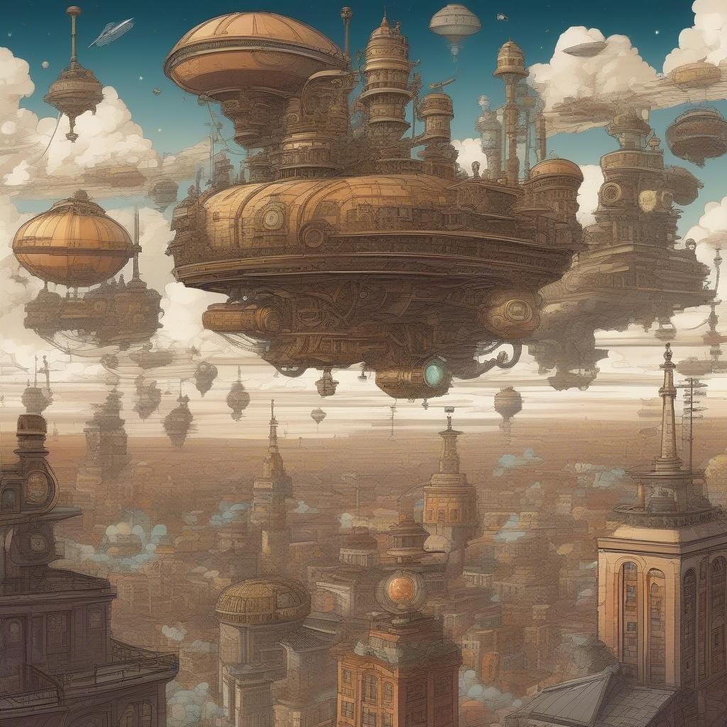 Förbered dig på att gå in i en värld av underverk och äventyr med denna fantastiska steampunk stadsscape bakgrund. Med en livlig storstad med höga byggnader, en molnig himmel och en avlägsen vy av en planet med stjärnor, är denna bild perfekt för fans av science fiction och fantasy.