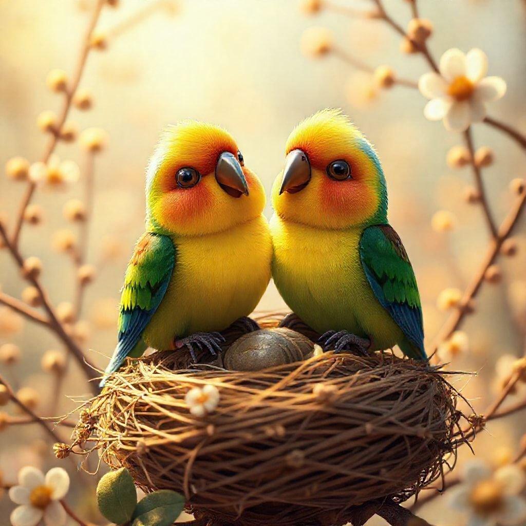 This wallpaper captures the essence of love with two brightly colored parrots perched together in a nest, embodying warmth and companionship. The soft glow in the background adds to the romantic atmosphere.