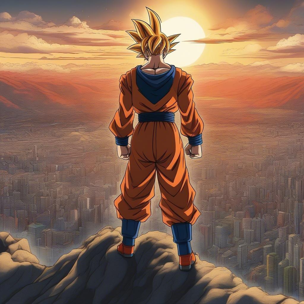 Goku from Dragon Ball Z taking in the breathtaking sunset view over the city.