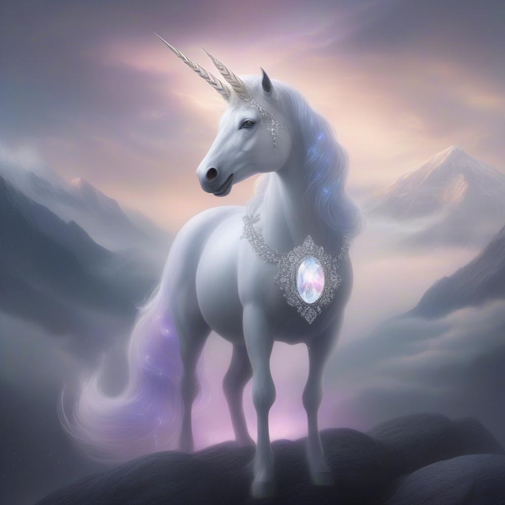 In the heart of an enchanted forest, a majestic unicorn stands as a symbol of magic and wonder. The soft glow of the amethyst stone at its throat adds to the mystical allure. This image captures the essence of fantasy with its vibrant colors and ethereal background.