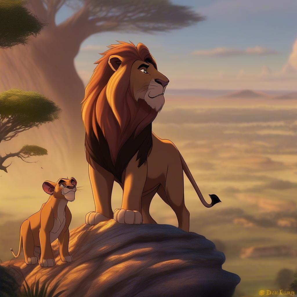 This beautiful wallpaper features Simba and Nala from Disney's The Lion King, set against a stunning savannah backdrop. The image captures the essence of the iconic characters and the breathtaking African landscape, making it a perfect addition to any Disney fan's collection.