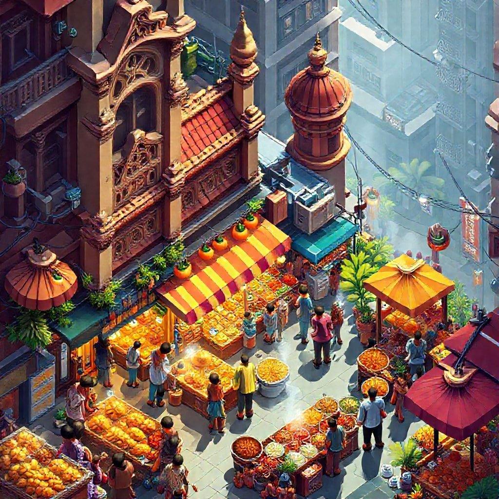 A lively urban scene at dusk, with bustling shops selling fresh produce and vibrant decorations adorning the area.