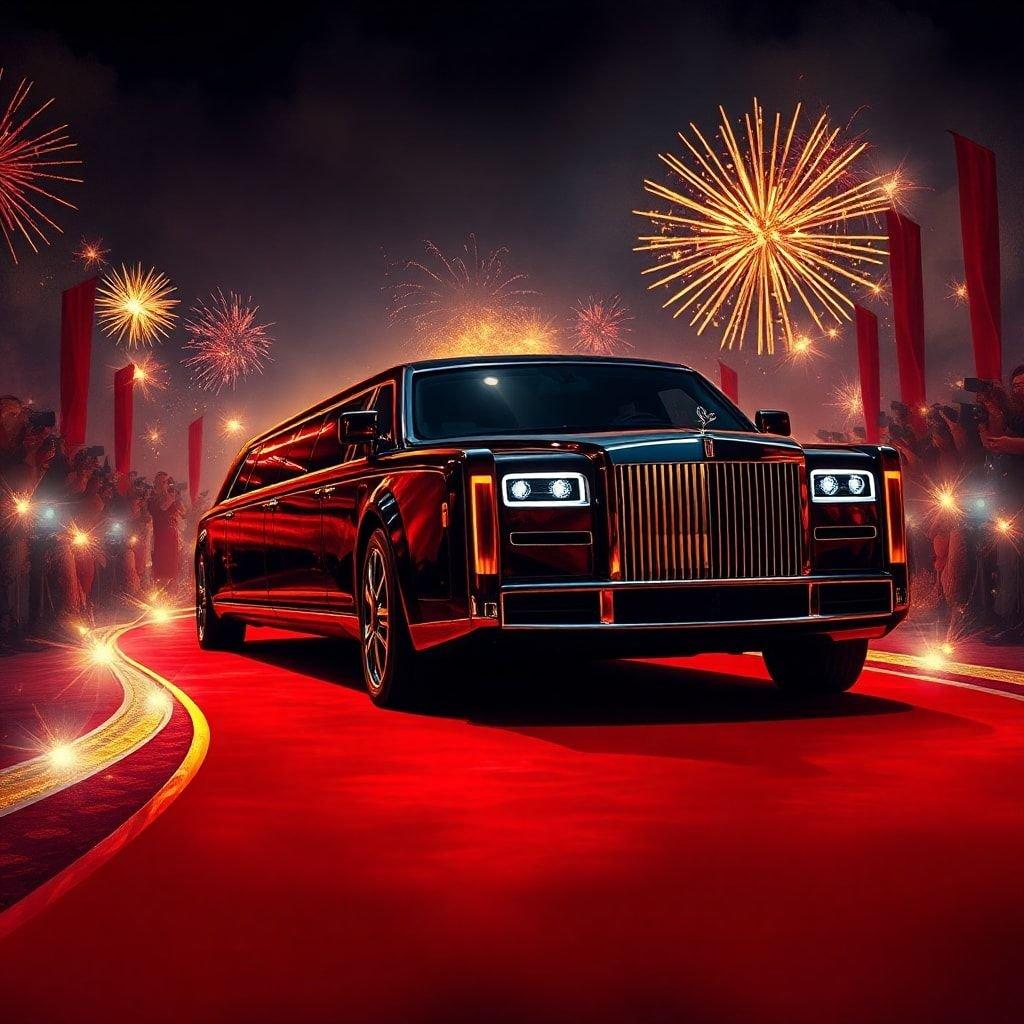 Elegant luxury car paraded down a glittering red carpet, basking in the spotlight of celebration.