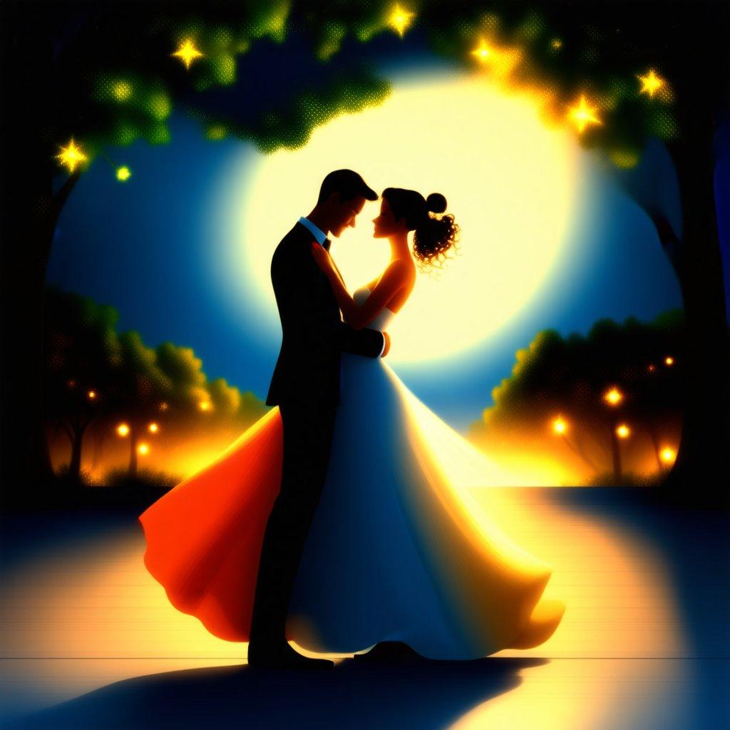 This image captures a romantic moment, as a couple shares their first kiss against the backdrop of a starry night.