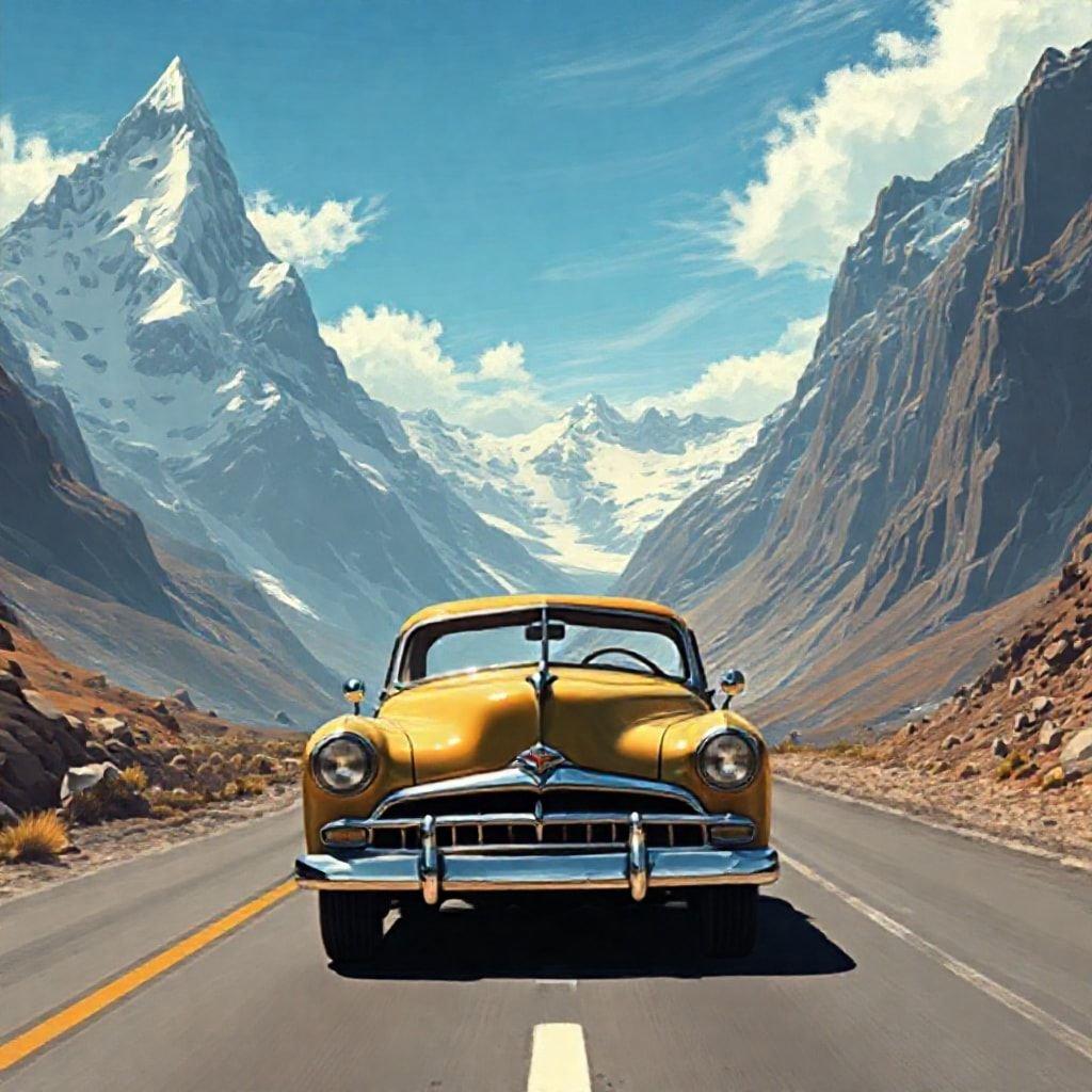 The thrill of the open road, a classic car cruising towards the mountain pass with the promise of an exciting journey ahead.