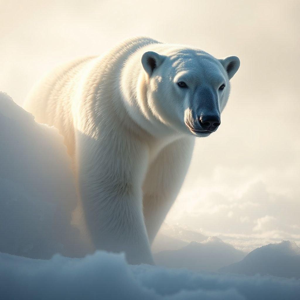 Un potente orso polare bianco si erge con sicurezza su una tundra ghiacciata, il suo sguardo intenso e diretto. L'aria gelida è fresca con il profumo di neve e ghiaccio. Questo sfondo porta la bellezza austera dell'Artico sul tuo desktop.