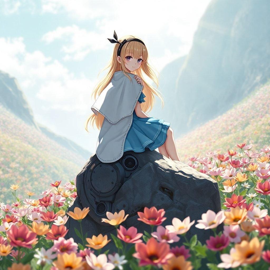 Cette illustration captivante de style anime présente une jeune fille assise sur une roche au milieu d'un champ de fleurs vibrantes et génétiquement modifiées. Son apparence frappante, complétée par une cape blanche et un bandeau noir, ajoute une touche de fantaisie à la scène. L'accent mis sur le design complexe du robot et la nature mystérieuse du décor crée un sentiment d'intrigue, invitant le spectateur à explorer le monde de cet anime futuriste.