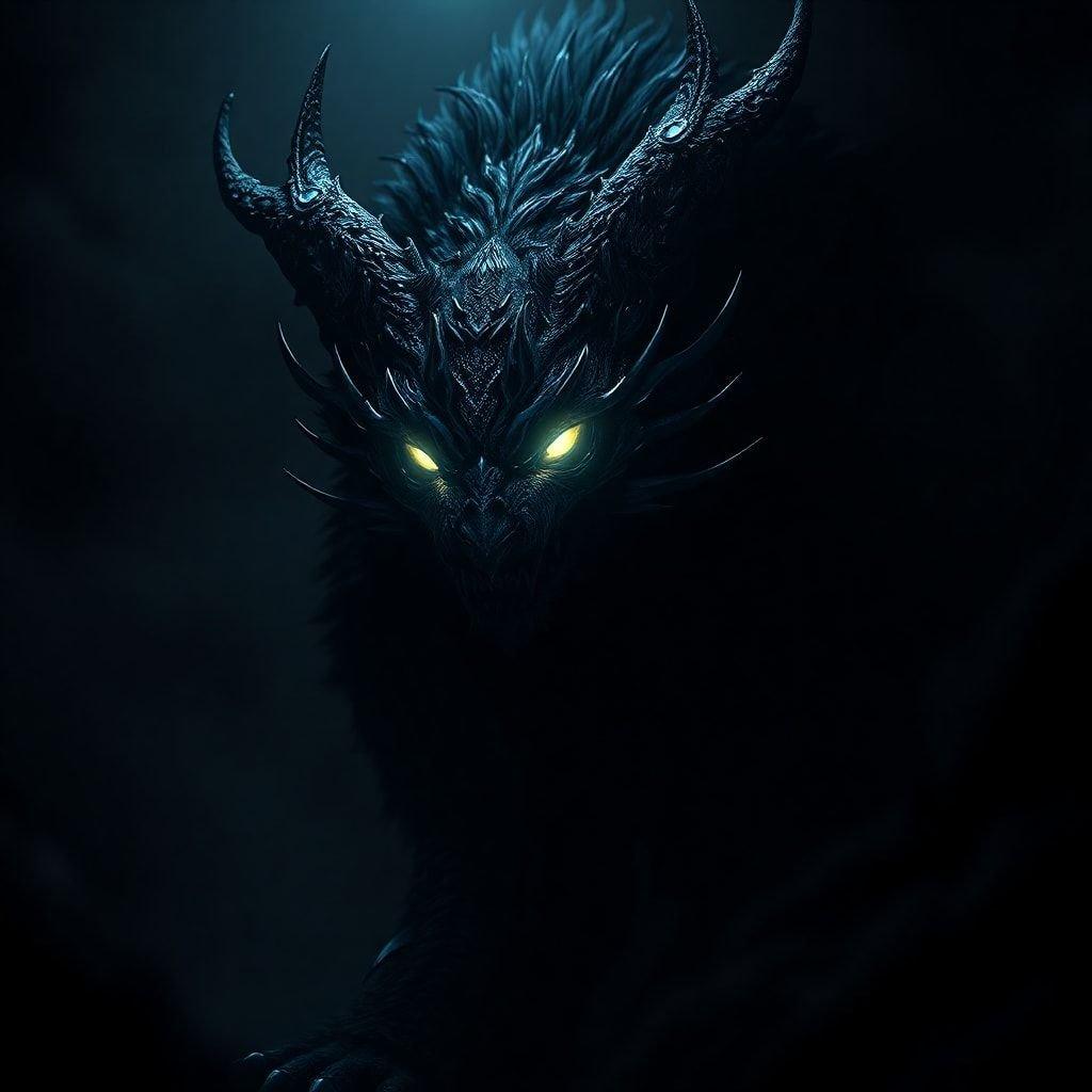 Behold the majesty of this fantastical creature, a dragon-like beast with an imposing presence. Its horns and eyes glow in the dim light, making it appear both mystical and menacing.