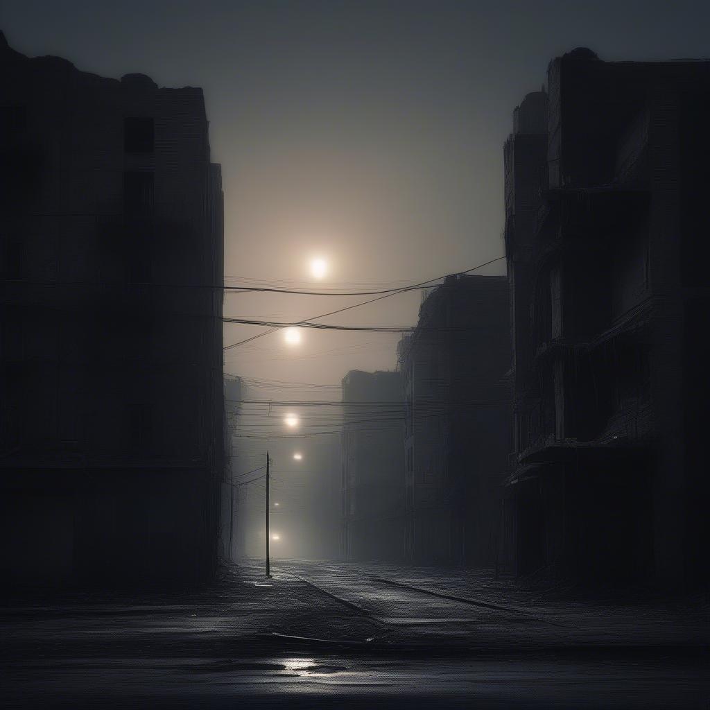 Una calle de la ciudad bañada por el resplandor de una luna llena, con un toque de la vigilancia del superhéroe en el aire. La noche brumosa es tan misteriosa como el héroe que vigila esta escena.