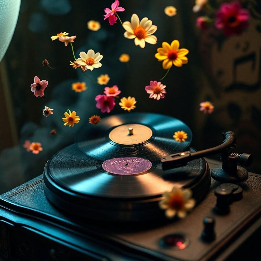 Immerse yourself in the soothing world of music with this vinyl record player wallpaper, where flowers dance around the turntable, creating a peaceful and calming atmosphere.