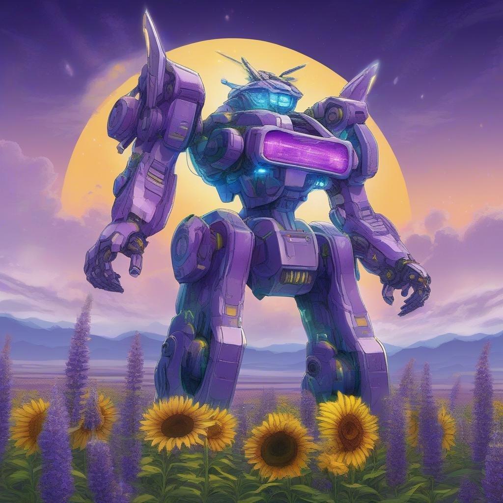 Une œuvre d'art numérique mettant en vedette un robot mecha violet et jaune frappant se tenant au milieu d'un champ vibrant de lavande et de tournesols. La scène est baignée dans une lumière douce, créant une atmosphère de tranquillité et de beauté d'un autre monde.