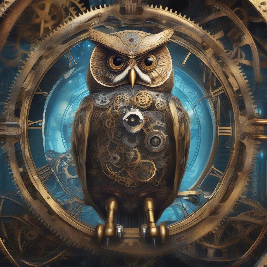 Intricate fusion of ancient wisdom with advanced technology, embodied in an owl. Time-honored symbol of intelligence, protection, and transformation in a futuristic setting.