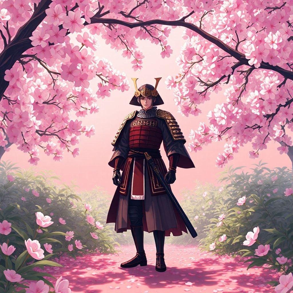 Immergiti nella bellezza serena di quest'illustrazione in stile anime, dove un samurai si erge maestoso in un giardino di ciliegi.