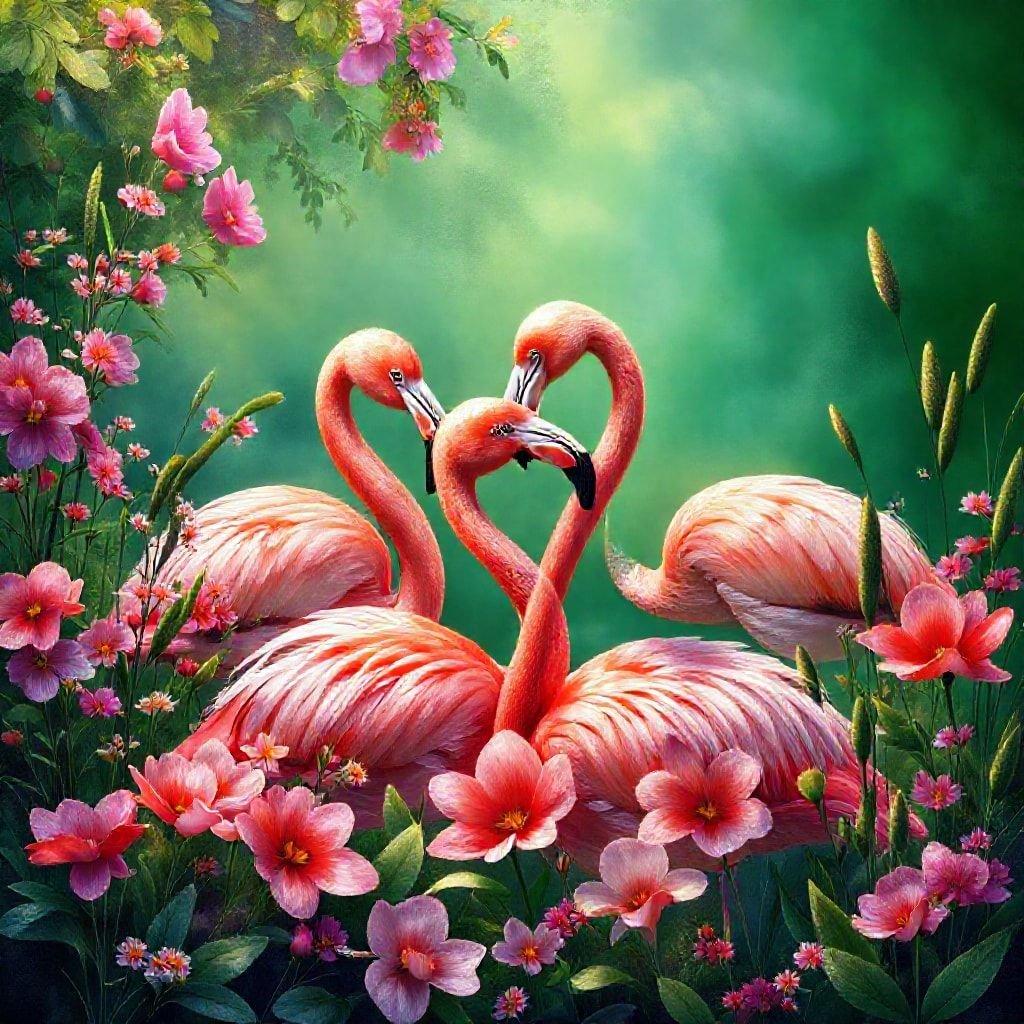 In this charming scene, two pink flamingos are captured in a lovely display of affection, their bills intertwined to form a heart. They stand amidst vibrant flowers and lush green foliage, creating a picturesque landscape that captures the essence of nature's beauty.