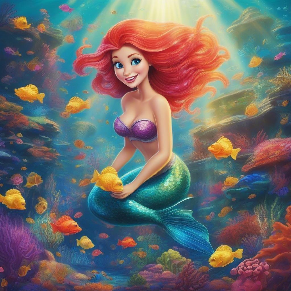 Join Princess Ariel as she swims among the vibrant ocean life in this enchanting scene from the classic Disney movie.