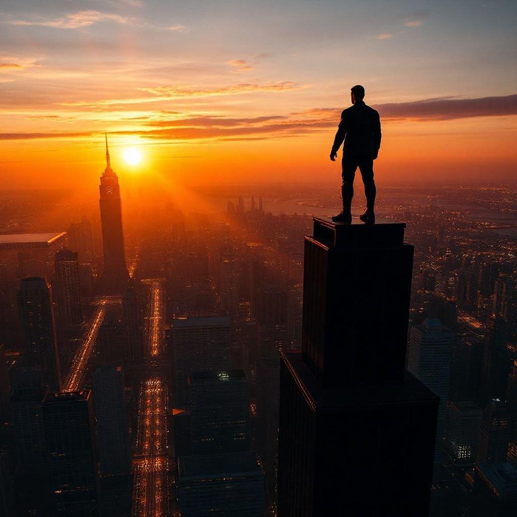 Un dramático horizonte urbano al amanecer, con una figura solitaria de pie en la cima del Empire State Building, evocando el espíritu de los superhéroes contra un telón de fondo épico.