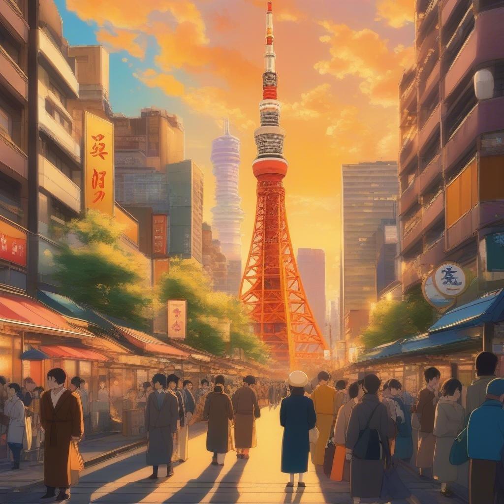 Tauchen Sie ein in die lebendige Anime-Stil-Szene einer geschäftigen Stadtstraße, wo eine Menschenmenge in bunten traditionellen Kleidern vor dem ikonischen Tokyo Tower steht, vor einem warmen und lebhaften Hintergrund.