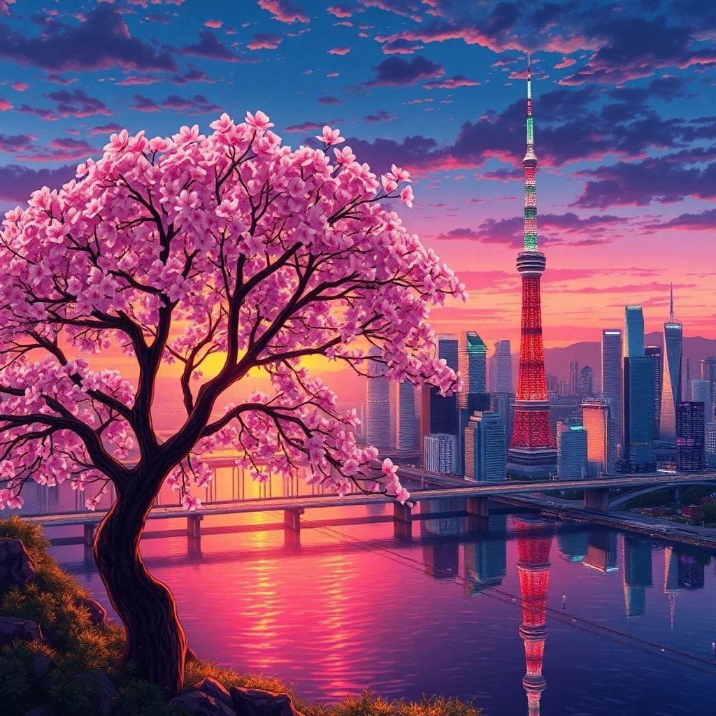 Experience the beauty of Tokyo at sunset with this stunning anime illustration. The majestic cherry blossom tree in the foreground adds a touch of serenity to the vibrant cityscape in the background, featuring towering buildings and a river. This captivating scene embodies the essence of anime.