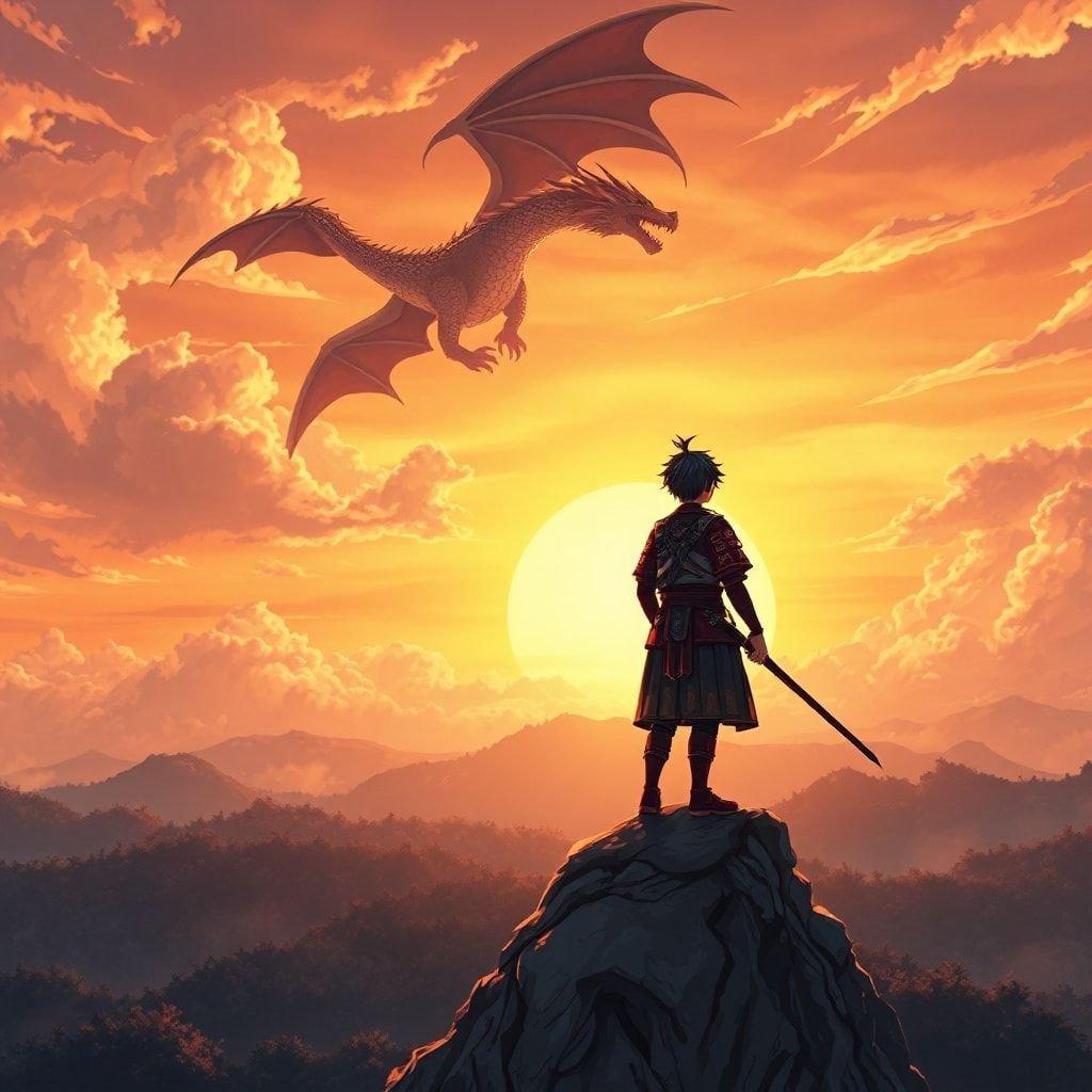 This stunning anime wallpaper features a young samurai standing on a mountain peak, with a majestic dragon soaring in the background. The scene is set against a breathtaking sunset, with warm hues of orange and yellow, and a dark forest below, creating an enchanting atmosphere.