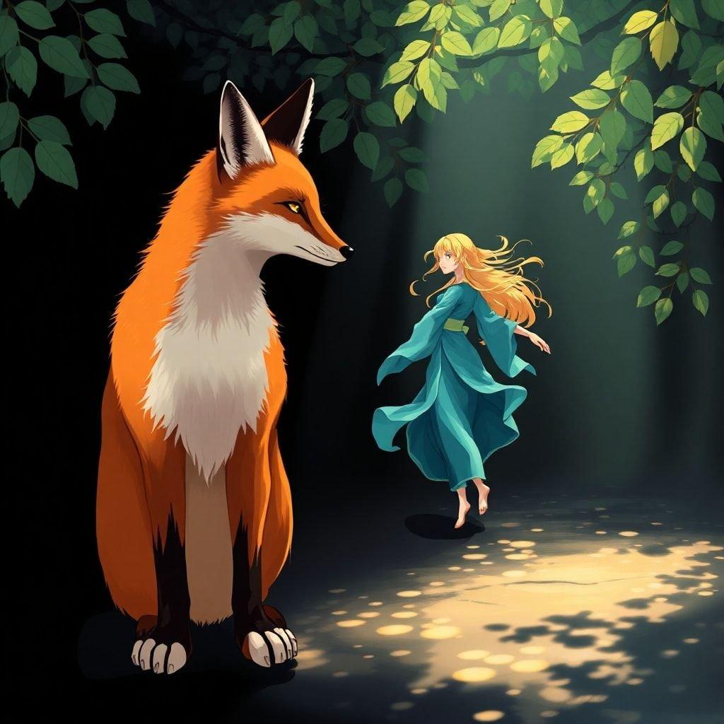 Ce fond d'écran de style anime présente un renard et un danseur dans un cadre forestier japonais serein. Le pelage vibrant orange et jaune du renard se détache sur le fond sombre, tandis que les bras et les jambes du danseur sont rendus dans un mélange de bleu, vert et jaune, créant un effet de style anime.